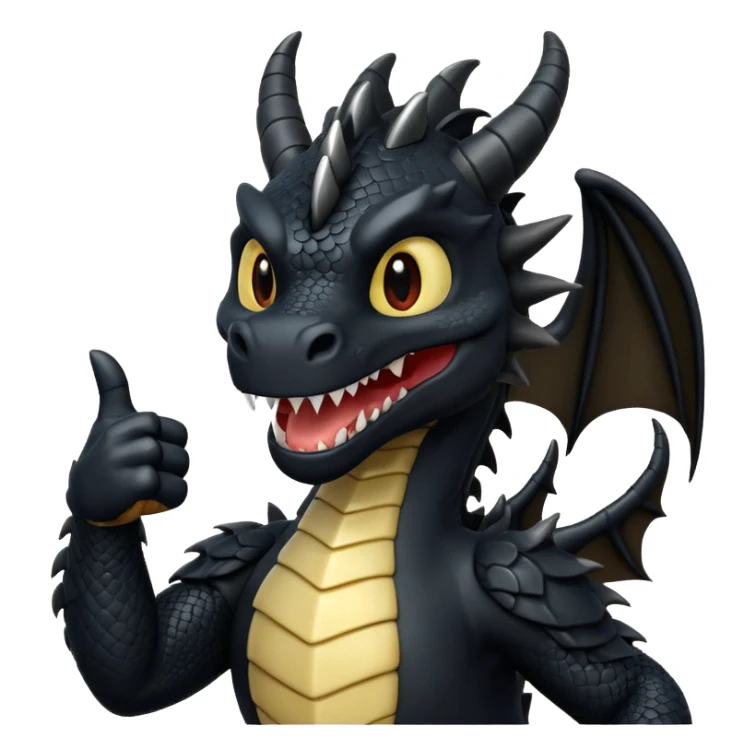 fully black dragon with white background and holding a talon up as a thumbs up…. Smiling at the screen close up. sticker