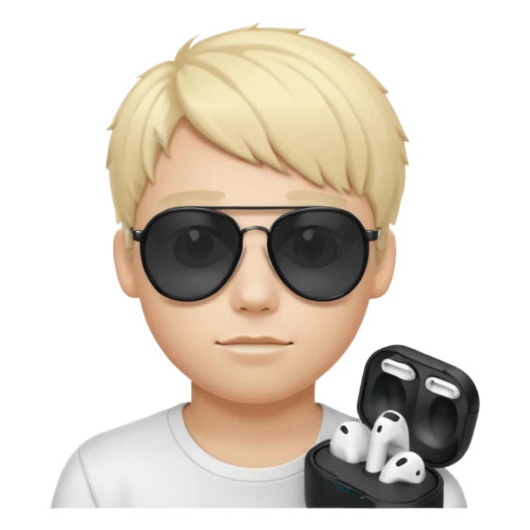 A blonde young boy with airpods and sunglasses at myc sticker