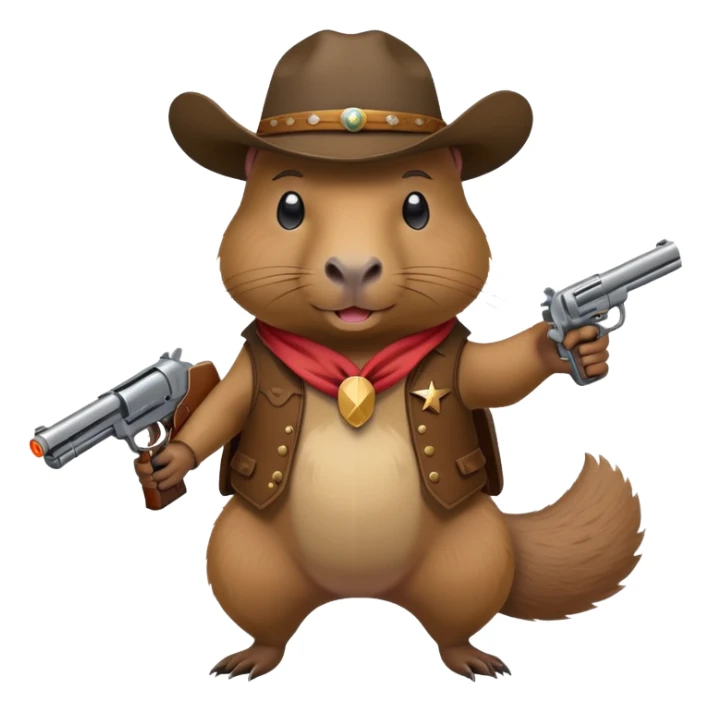 Capybara with a gun and a cowboy hat sticker