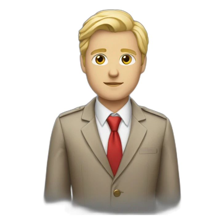 Boss, white skin, blond hair, brown eyes, jacket with red tie sticker
