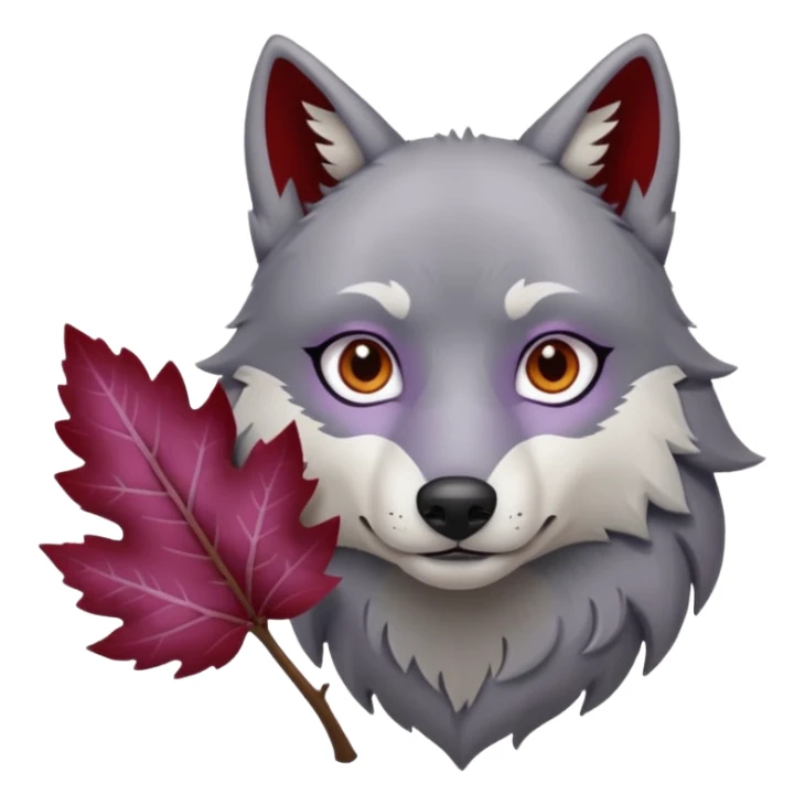 A wolf with lilac gray eyes and holding a weirwood leaf sticker