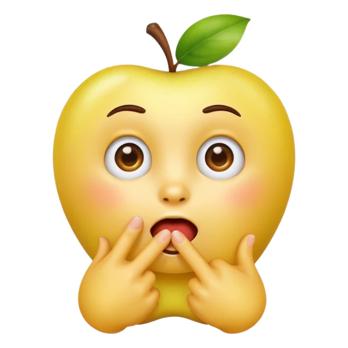 yellow apple style emoji with surprised expression saying 'me?', finger on chest, very direct pose, clean white background sticker