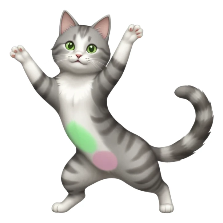 grey and white cat with green eyes doing a big extremely long stretch reaching up into the air with arms and legs side by side together straight and overextended sticker