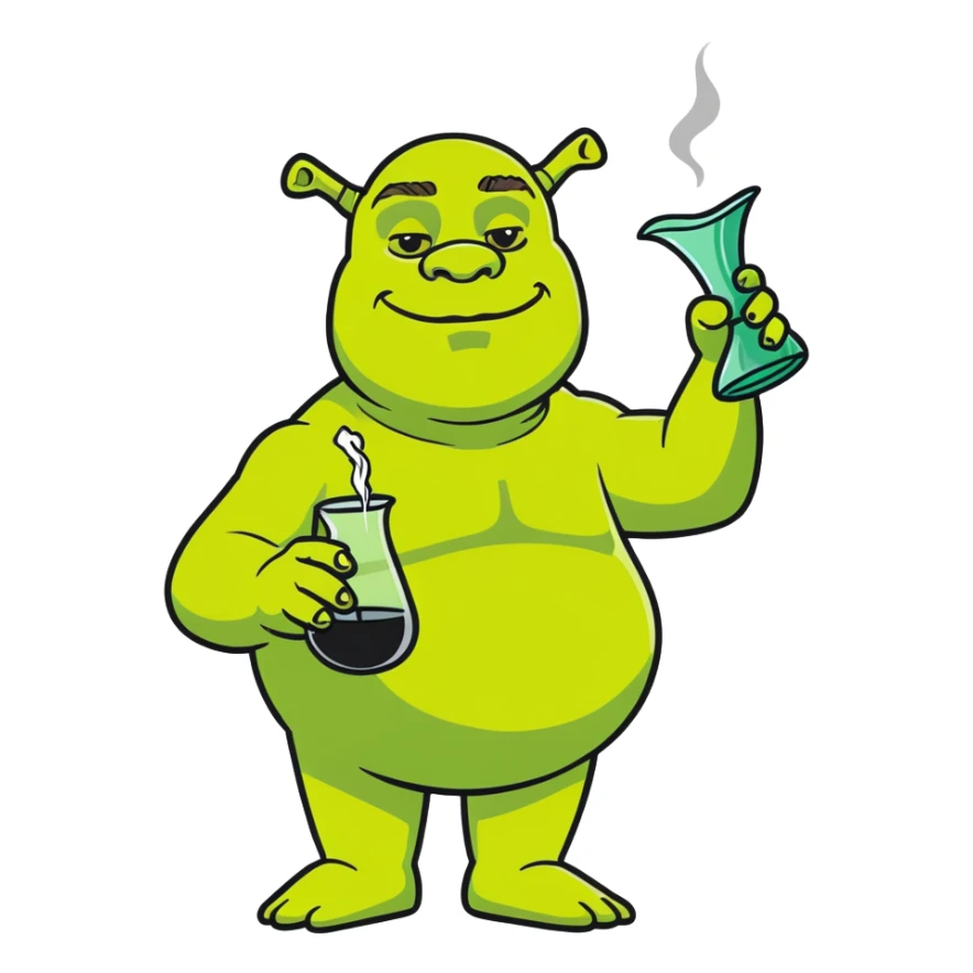 Shrek drinking from a smoking vase, hemp leaves in background sticker