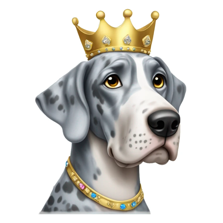 Blue Merle Great dane wearing gold princess crown sticker