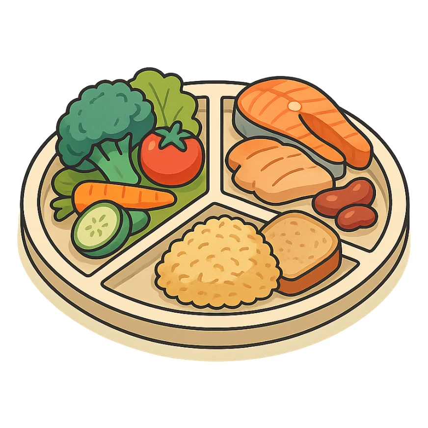 Harvard plate, isometric view, large sectors: 50% vegetables, 25% proteins, 25% complex carbohydrates, foods drawn realistically, very detailed drawing, shadows and highlights, clean contours, soft lighting, transparent background sticker