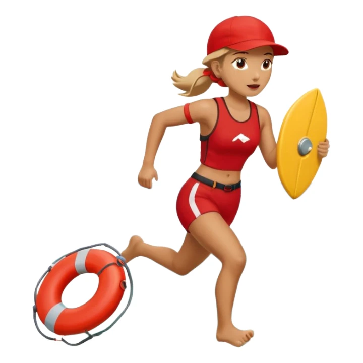 Female lifeguard – red cap, running along shore with rescue buoy sticker