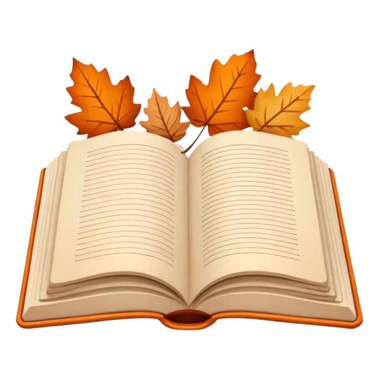 Minimal flat emoji of an open book with autumn leaves around it, cozy fall theme, simple line art, neutral beige background, black outlines, subtle orange and brown accents, clean modern style inspired by Notion graphics, symbolizing a Fall Reading Challenge. sticker