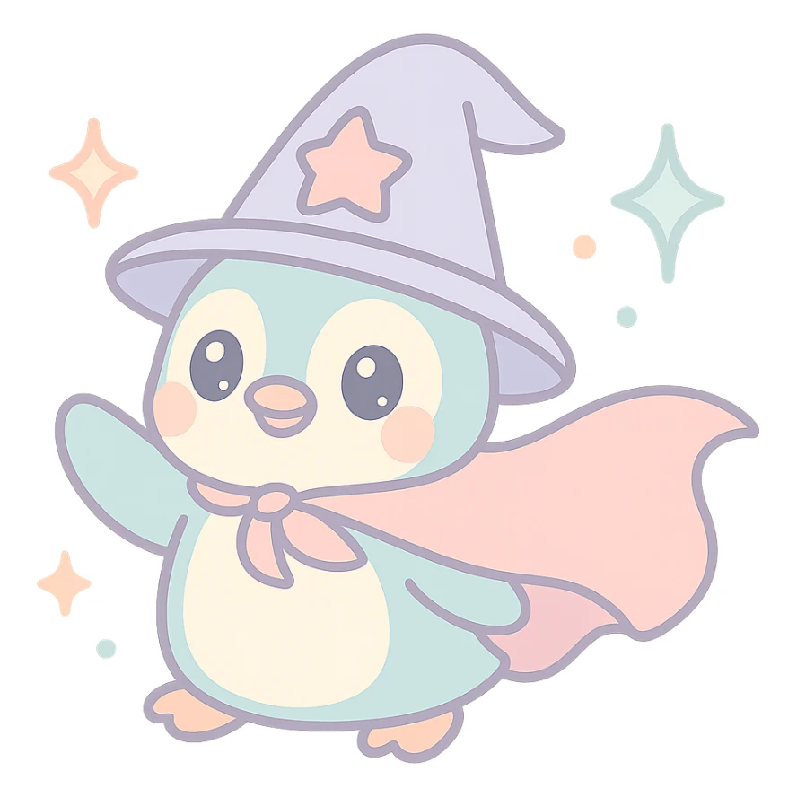 playful penguin wizard with a flowing cape surrounded by sparkles and magical effects sticker
