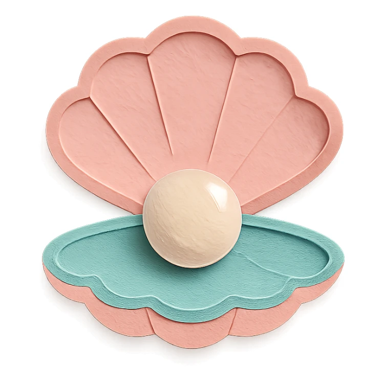 illustration of a clam shell open with a shiny pearl inside, soft pastel colors, paper-craft style sticker