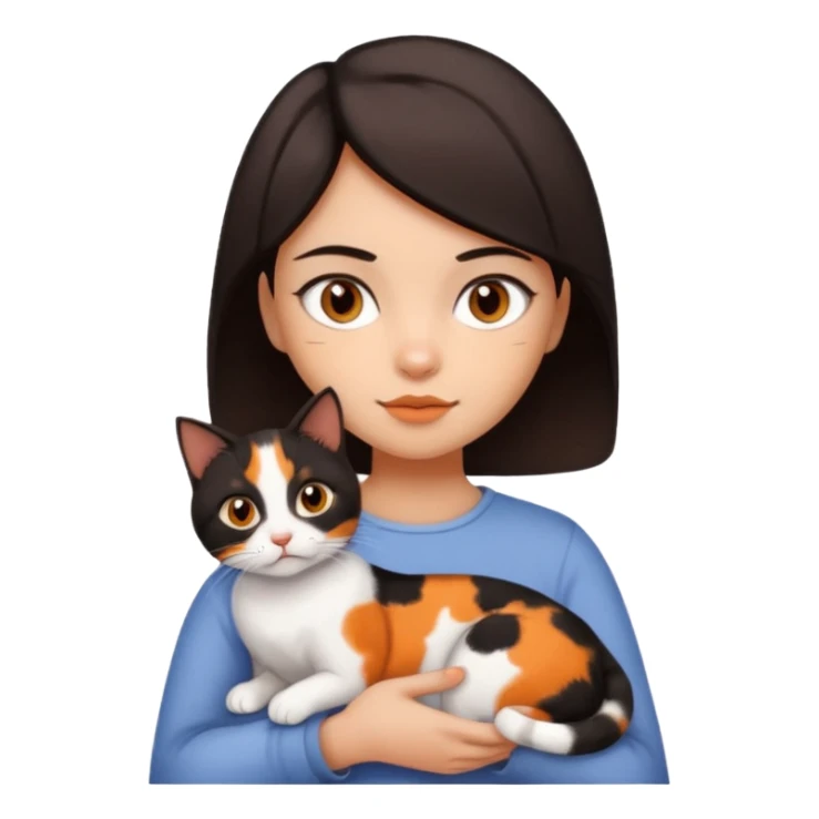 Girl with dark brown eyes and really dark brown short hair without bangs holding a 3 colored calico cat,(black, white and orange) sticker