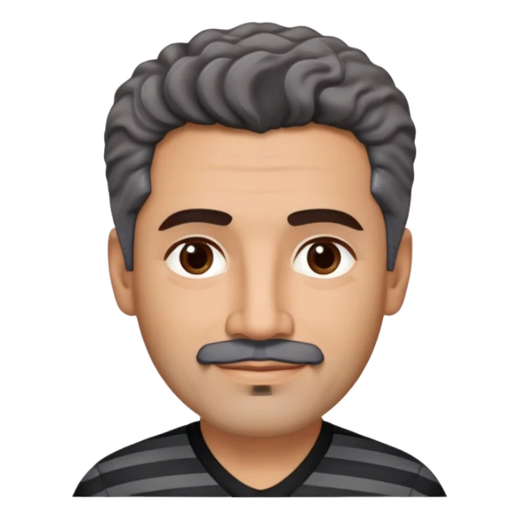 Latino theatre director in his late 40s with cinnamon skin. Square structured face. Approachable expression with gentle smile. Calm dark eyes. Thick eyebrows. Well-groomed black goatee with a few gray hairs. Short curly dark hair. Wearing a black V-neck shirt with gray stripes. sticker