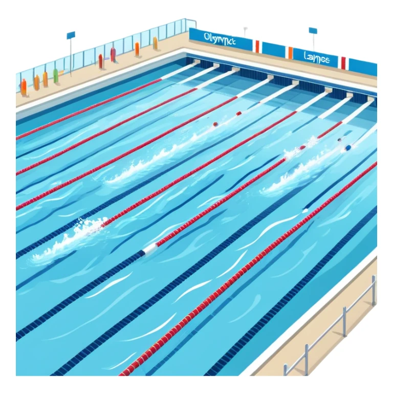An icon featuring an Olympic swimming pool with multiple lanes and swimmers racing side by side. Splashes and lane dividers highlight the competition atmosphere. Transparent background emphasizes the energy, speed, and intensity of professional swimming events. sticker