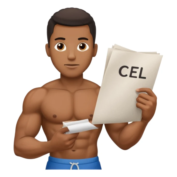 Black big men without shirt showing paper with write "cfel" sticker