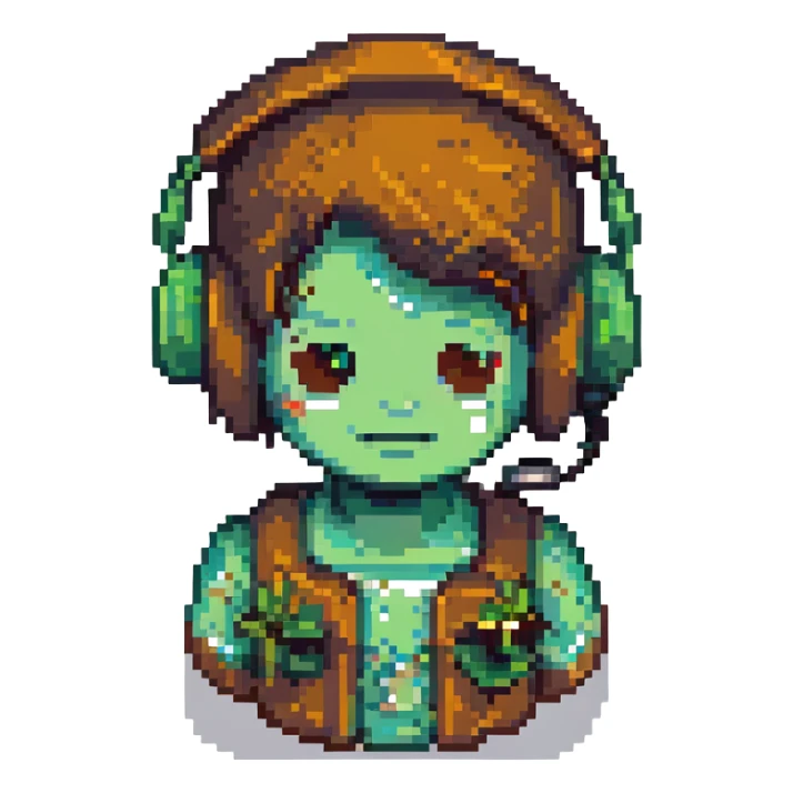 Minecraft support emoji, pixel art style, blocky, with a headset, green and brown colors, inspired by Minecraft game sticker