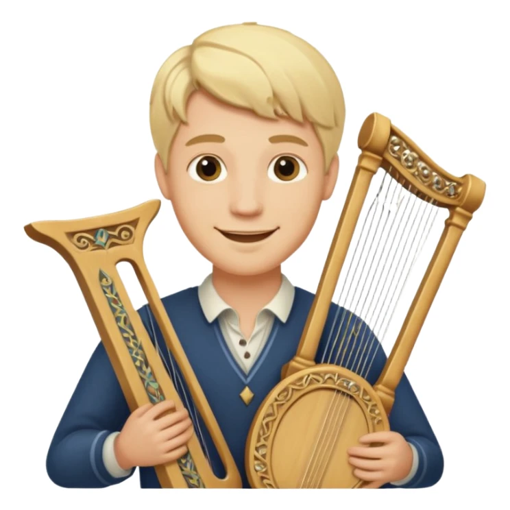 Man with long blonde hair smiling  holding a lyre sticker