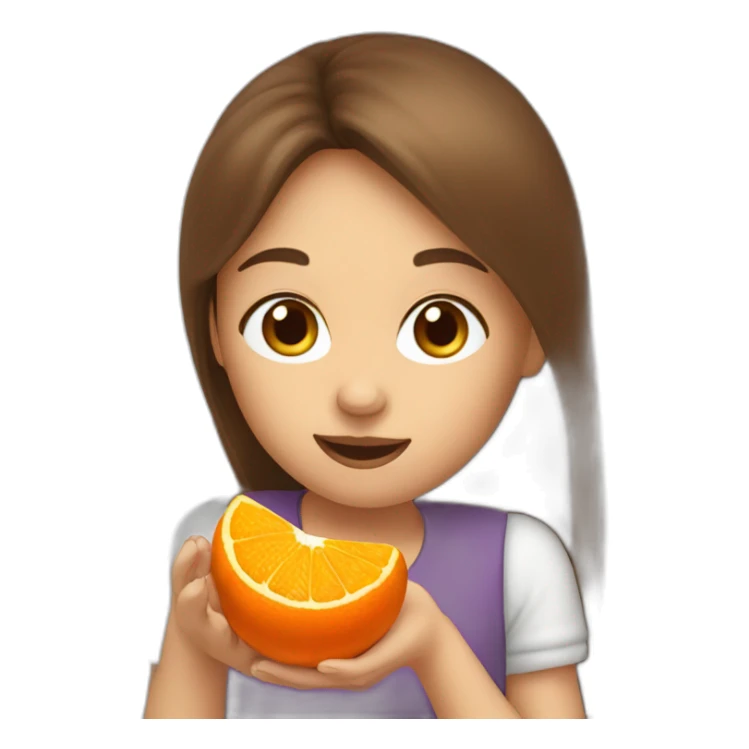 A girl with very long brown hair eating a tangerine sticker