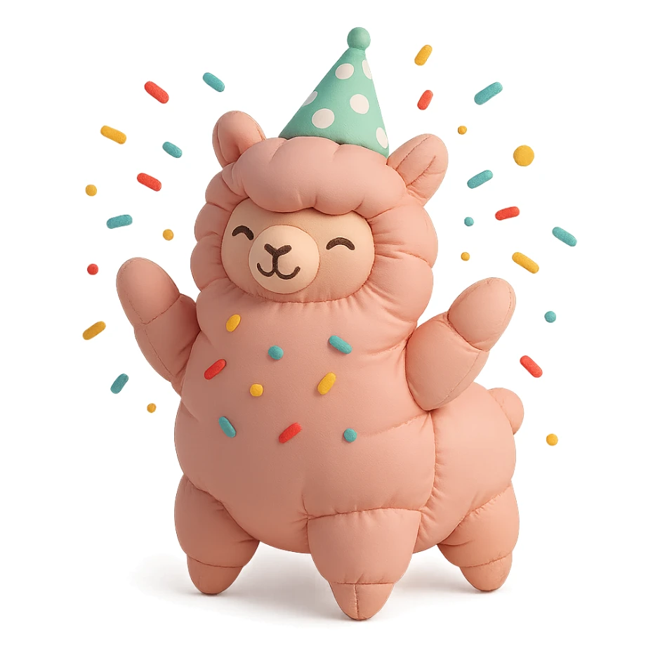 pink alpaca wearing a polka-dot party hat, throwing confetti, cushion style sticker