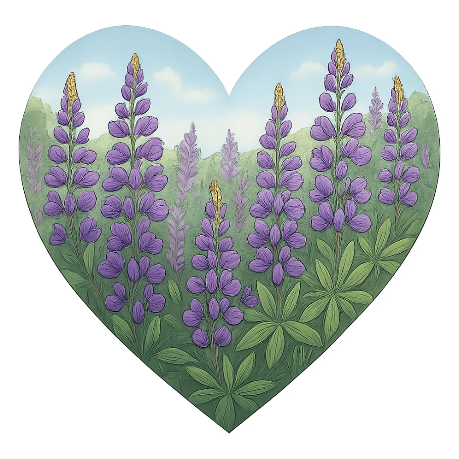 heart with a wild lupine meadow, clean digital illustration, no background sticker