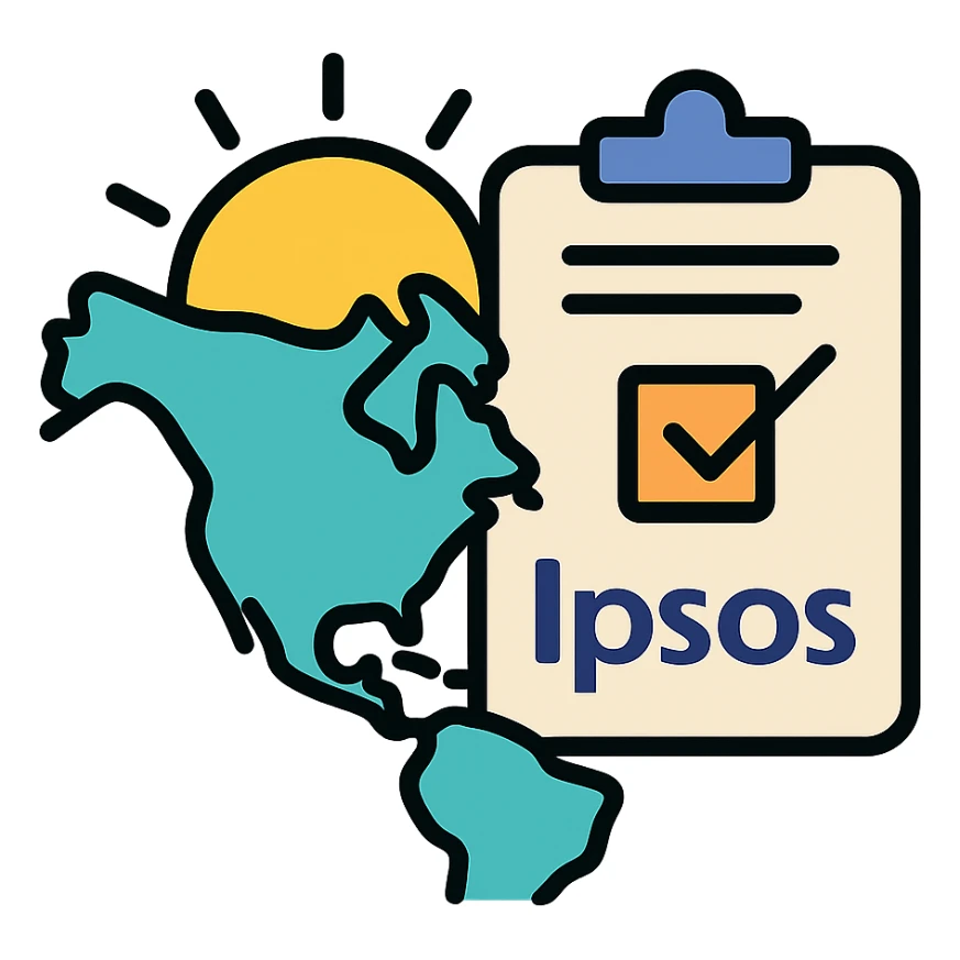 stylized map of North America with sun rising behind it and a document or clipboard, representing summer internship at Ipsos sticker