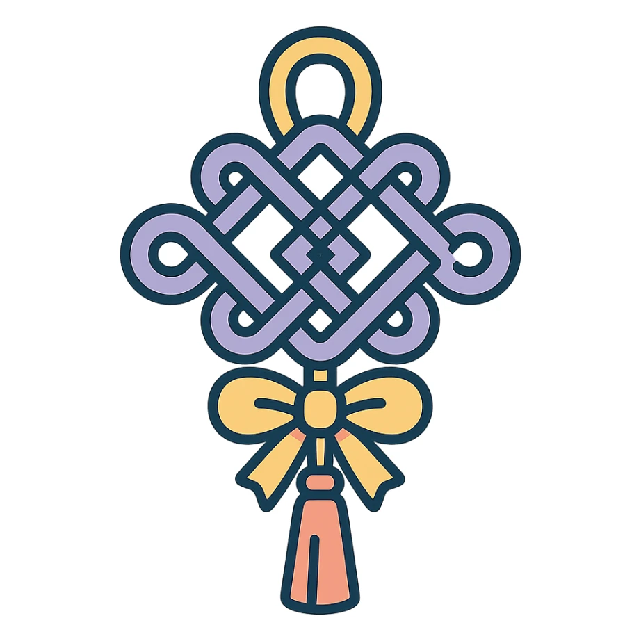 Chinese happiness knot (feng shui), icon-color-outlined style, detailed shadows and highlights, thin clean contours, soft rounded shapes, pastel palette #98B5BC, #B5B3C1, #C9A3C9, #E4C0CA, #F7DCD1, #F7C0AA, modern Japanese pop art and sticker aesthetics, high detail, vector sharpness, soft lighting, transparent background sticker
