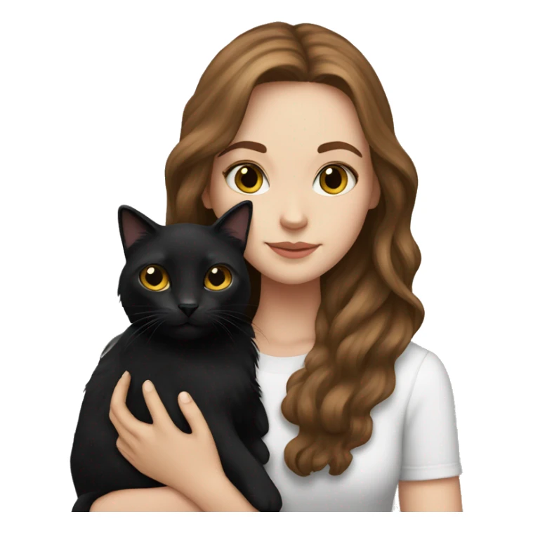 white girl with long brown hair holding fluffy black cat sticker