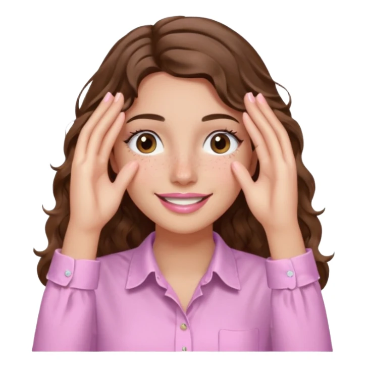 girl with wavy long brown hair, brown eyes, light to medium complexion, long lashes, light pink lipstick, wearing light pink shirt, smiling, hands covering over the eyes sticker