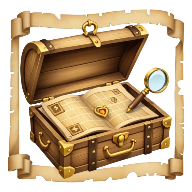 An icon depicting a treasure map with an open chest, surrounded by clues and mysterious symbols. A magnifying glass hovers over the map, symbolizing the thrill of discovery and adventure. Set on a transparent background, it should evoke the excitement of solving puzzles and exploring new worlds. sticker