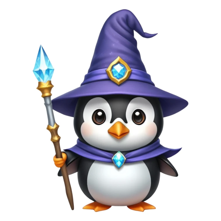 A cute penguin dressed as a wizard with a pointy hat and holding a magic wand sticker