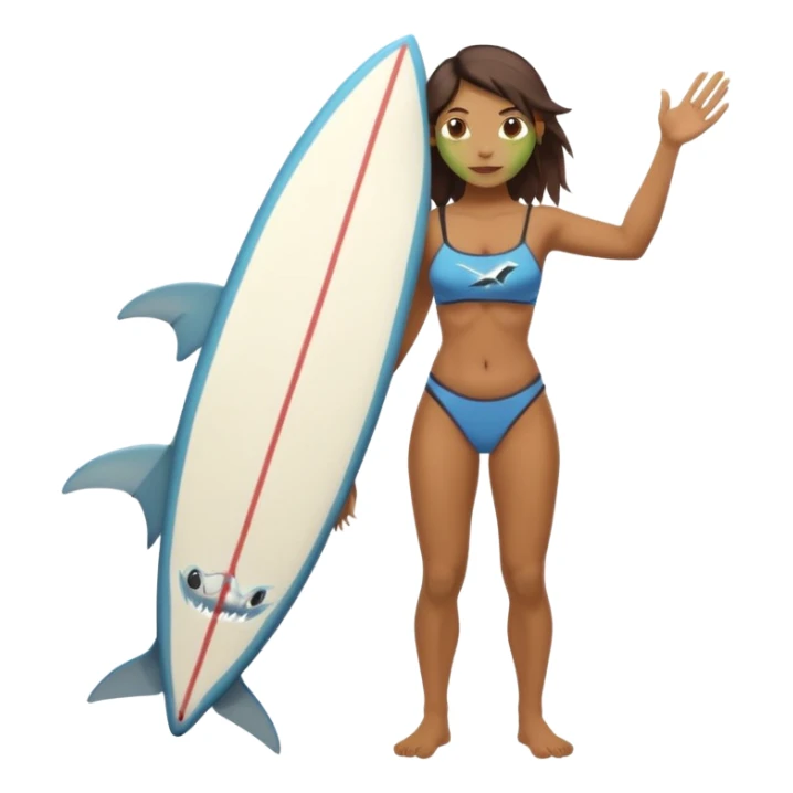 orc female holds a surfboard with a shark painted vertically in his hands sticker