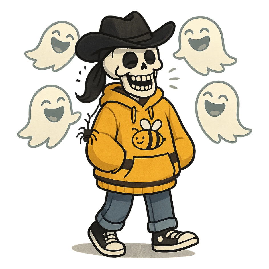 a skeleton with a bee-themed oversized hoodie, black ponytail, black cowboy hat with a spider keychain, joyful and chuckling, blue jeans, black and white tennis shoes, hands barely visible, surrounded by laughing ghosts sticker