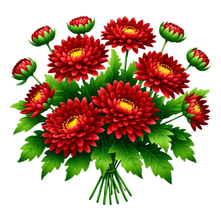 big bouquet Bright Red Chrysanthemum, luxuriant, leaf, bud sticker