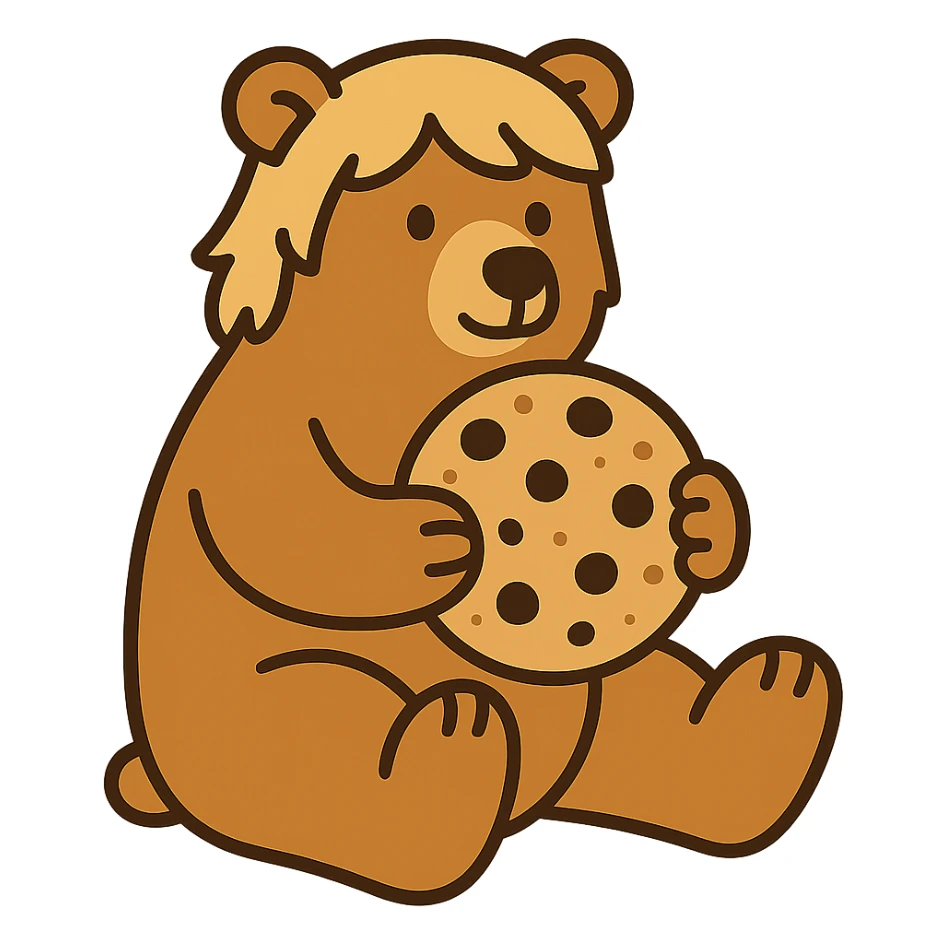 flat toon style blonde grizzly bear sitting, full body, holding a large chocolate chip cookie sticker