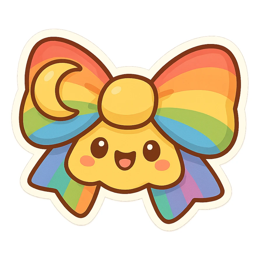 chibi style bow, rainbow colors, playful, cheerful, cartoon style, moon motif sticker