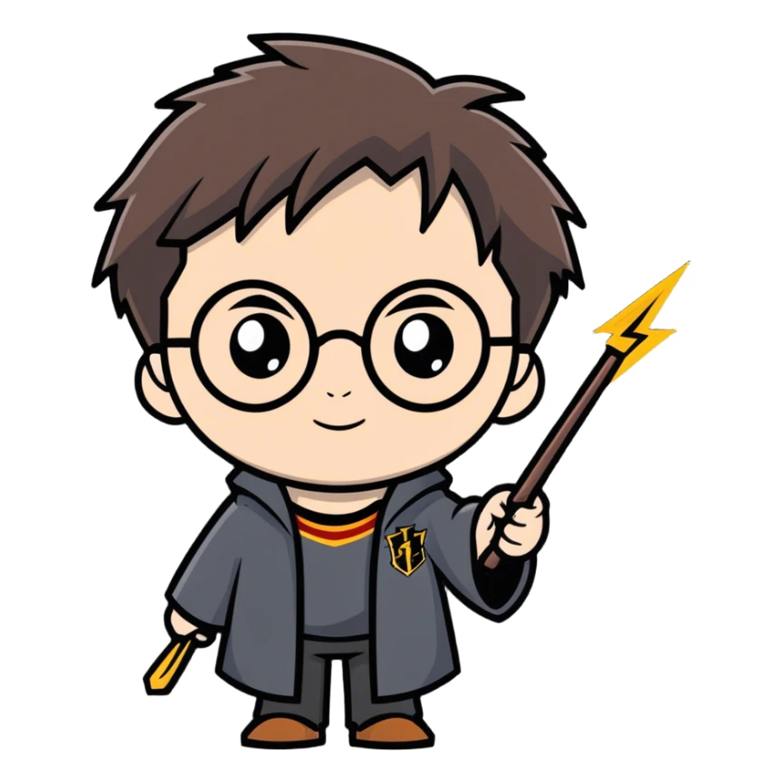 Harry Potter with round glasses, lightning scar, and wand sticker