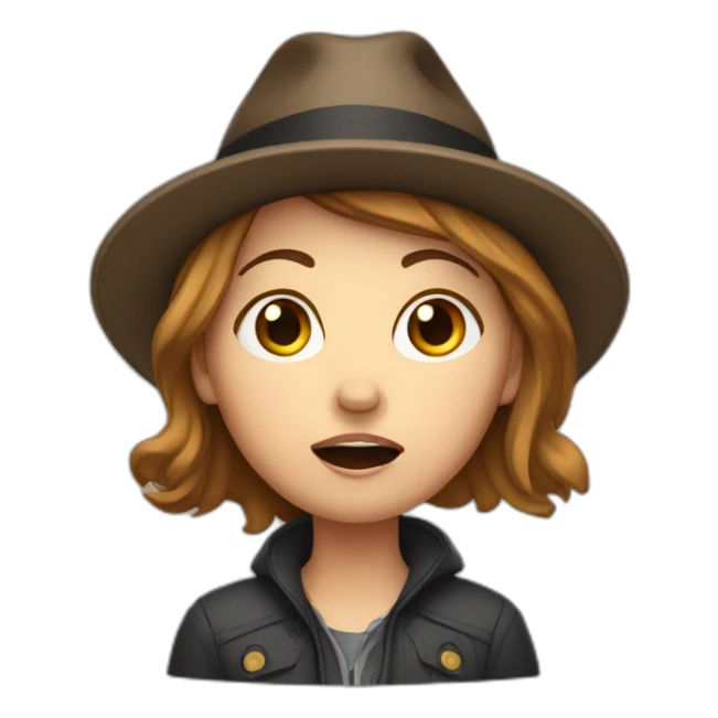 scared white woman brown hair with a hat sticker