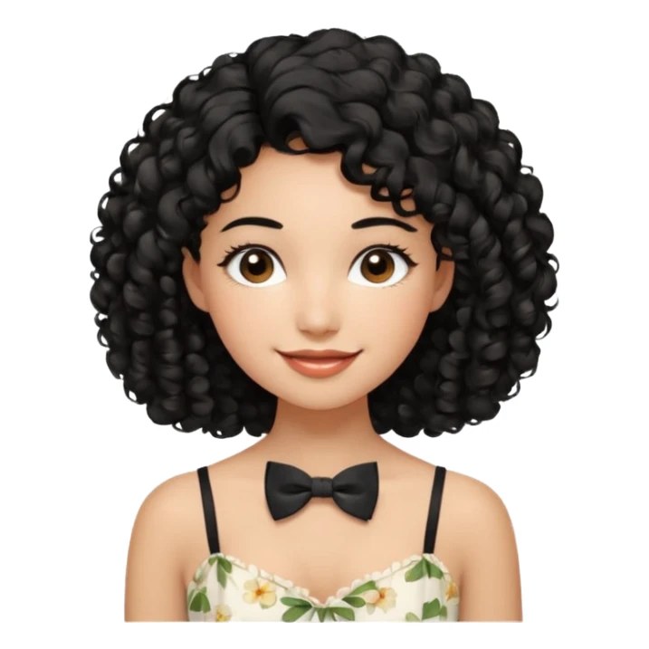 A young woman. She has voluminous, curly black hair that frames her face beautifully. Her skin tone is warm and glowing, and she has a subtle, natural makeup look. She’s smiling softly at the camera. She is wearing a white floral top with thin straps and a small bow tie detail in the front. sticker