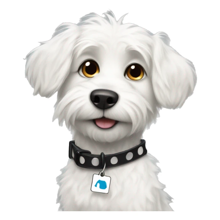 Scruffy white dog with black spots with a name tag that says Stuart  sticker