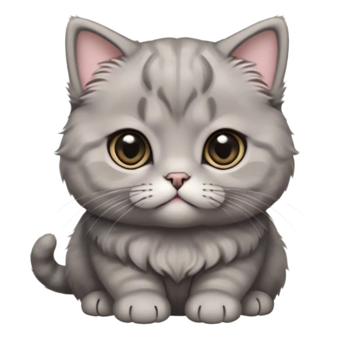 Cinematic Adorable Fluffy Grey Scottish Fold Cat Portrait Emoji, Head tilted cutely with big, sparkling eyes and adorable folded ears, soft grey fur with darker points on the ears, face, and paws, Simplified yet irresistibly adorable features, highly detailed, glowing with a soft, warm glow, high shine, affectionate and playful, stylized with a touch of whimsy, bright and endearing, soft glowing outline, capturing the essence of a curious and loving kitten with the signature charm of a Scottish Fold's unique folded ears, so cute it feels like it could leap out of the screen and snuggle up for a cuddle! sticker