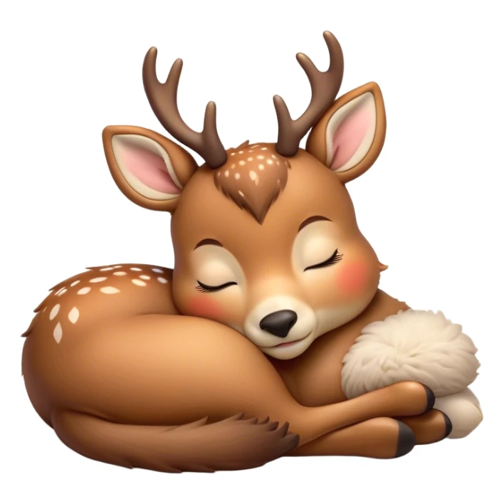Meme-Worthy Cute Sleeping Deer Portrait Emoji, Head resting peacefully with a contented smile, showcasing a delicate, slender build and a luxuriously soft Fur, eyes shut in a serene, restful nap, Simplified yet hilariously adorable features, highly detailed, glowing with a soft, drowsy light, high shine, relaxed and utterly lovable, stylized with an air of playful laziness, bright and heartwarming, soft glowing outline, capturing the essence of a comically sleepy deer, so meme-worthy it feels like it could instantly become the next viral sensation of adorable woodland slumber! sticker