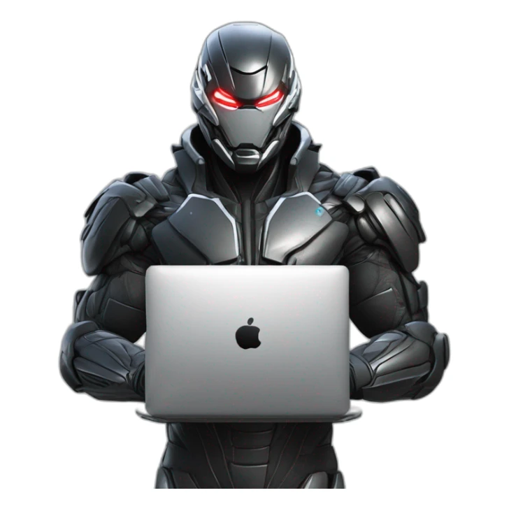 Side view developer behind his laptop with this style : Crytek Crysis Video game with nanosuit hacker themed character sticker