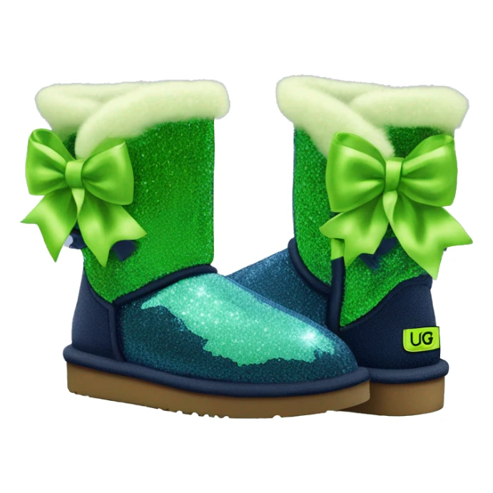 Realistic navy blue Sparkle glitter and fur Ugg boots with lime green bow. sticker