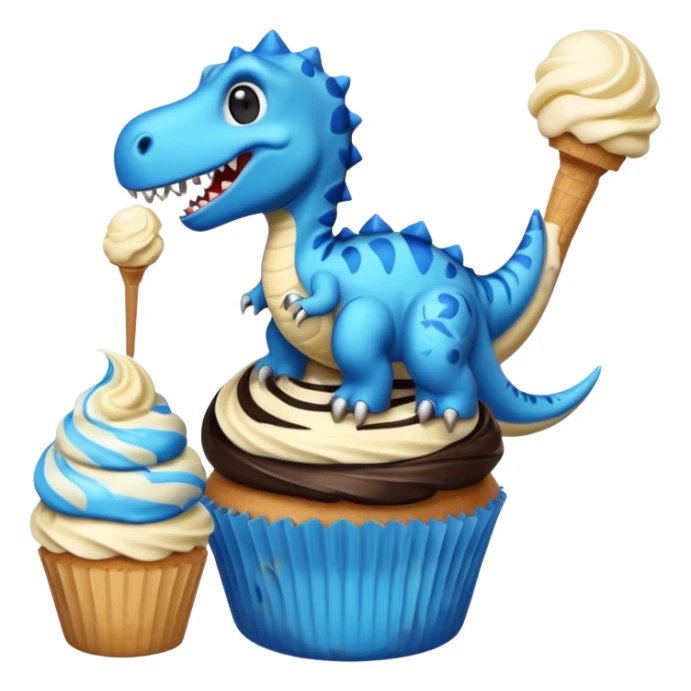 A cupcake having blue and black icing and a dinosaur as a decoration and ice cream next to it sticker