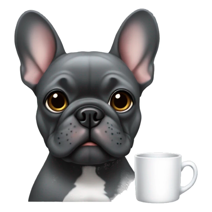 dark grey french bulldog holding a mug sticker