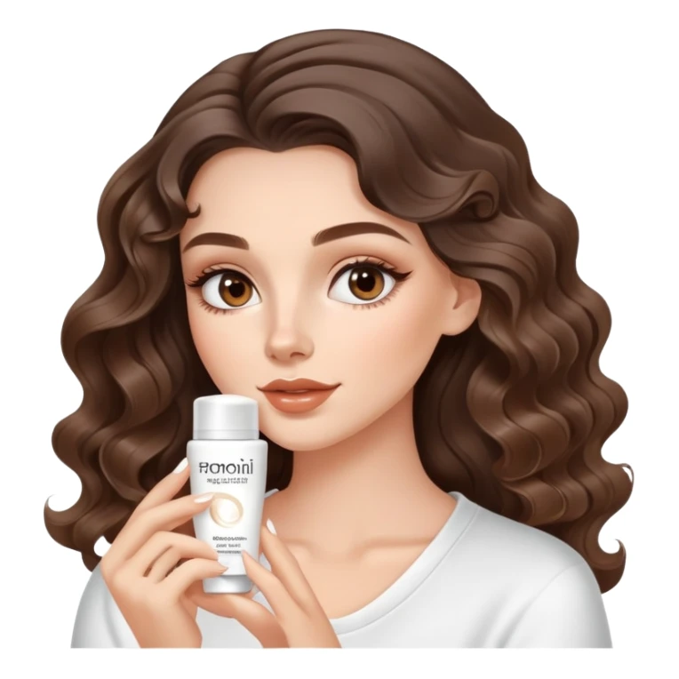 beautiful brunette with a light balayage white girl with nice curls/defined waves, very long hair, clean girl makeup APPLYING A FACE CREAM ON HER FACE sticker