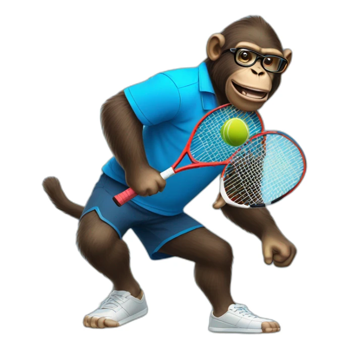 ape playing tennis in blue shirt with glasses sticker