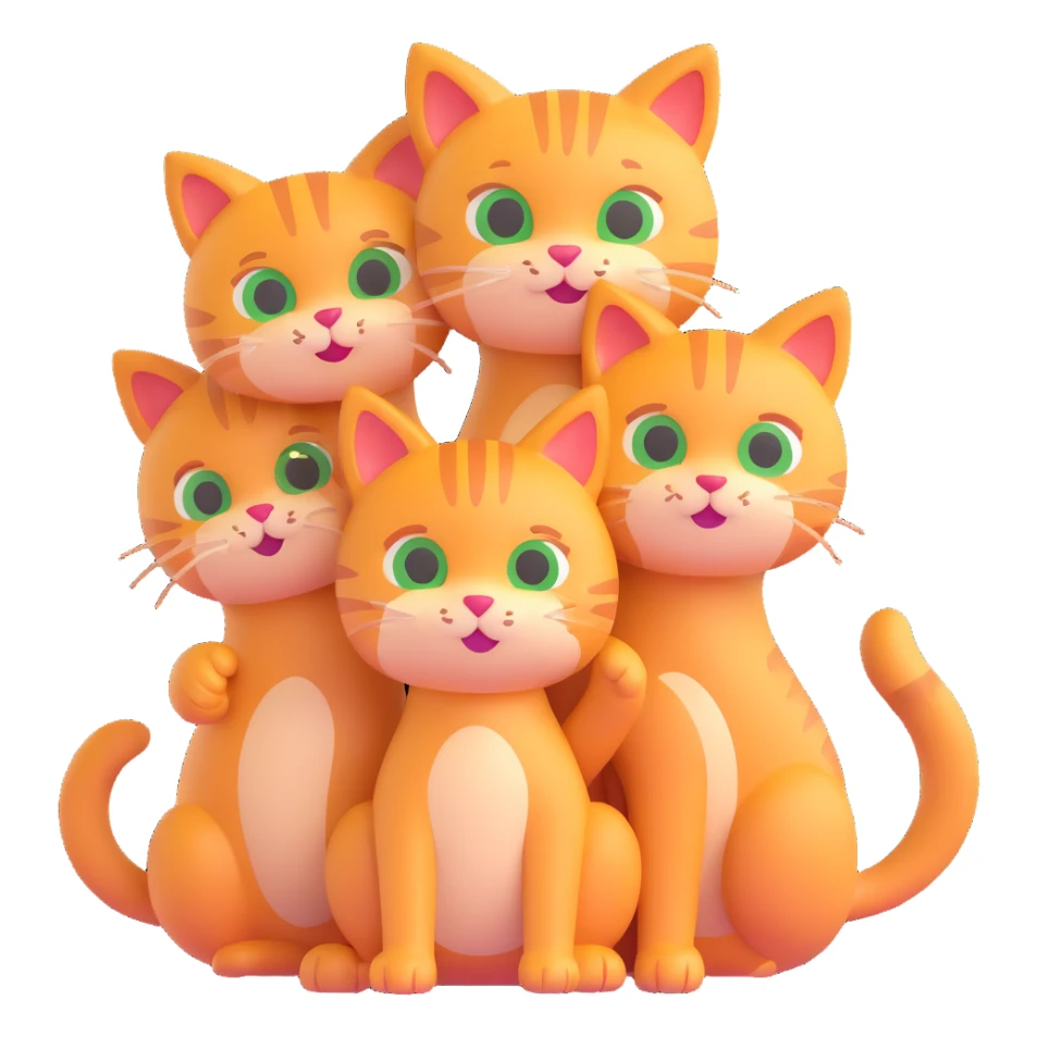 three cats together, each with a unique pose, friendly 3D emoji style sticker