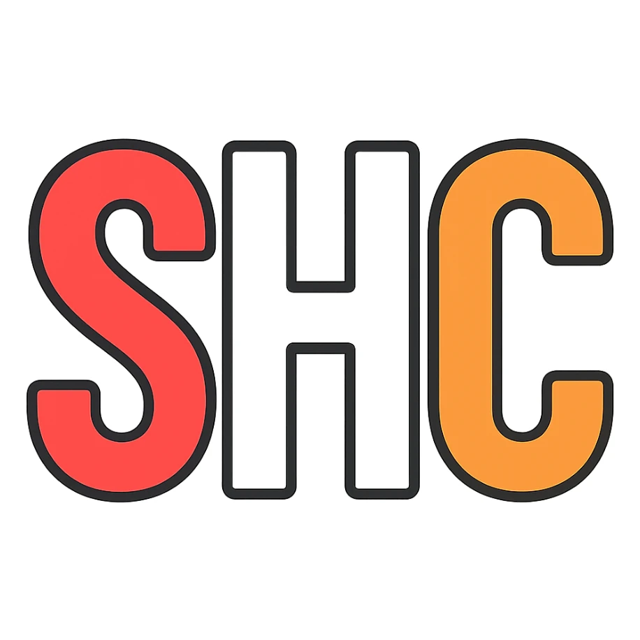 Adjust the letters S, H, and C so that S is bright red, H is pure white, and C is vivid orange. Make all three letters the same size and height, bold and clean, on a transparent background. sticker