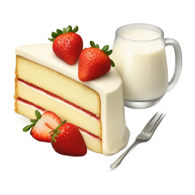 Slice vanilla cake with strawberrieson top at plate and milk at glass sticker