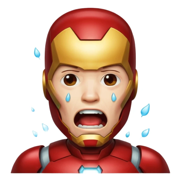Create a man in an Iron Man costume who is crying with his mouth open and tears flowing sticker